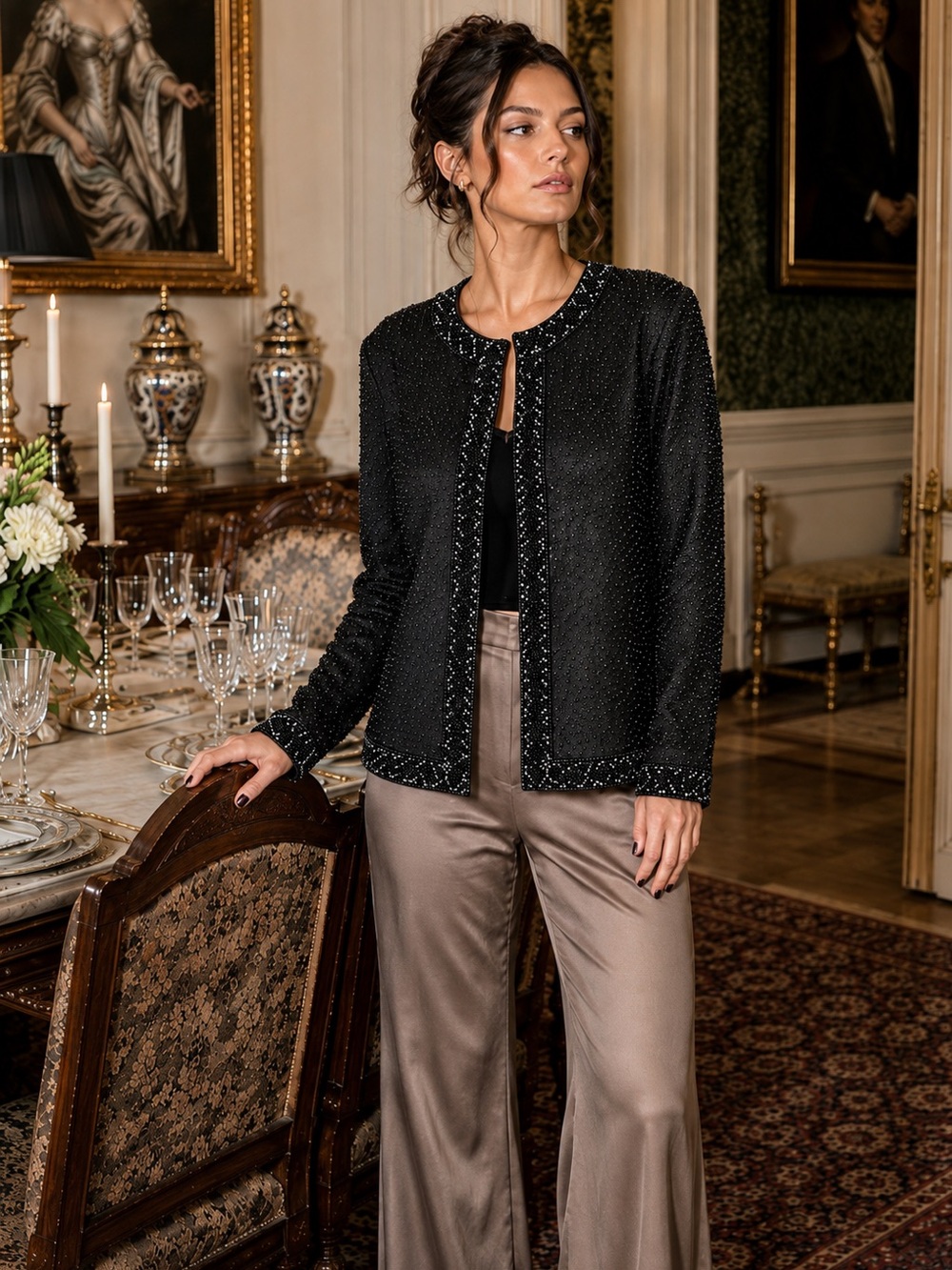 Marina Bresler Black Beaded Cardigan|Size Large old money luxury texture Gilmore